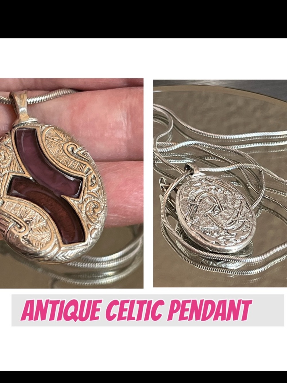 N101 Silver Oval Pendant Necklace with Red-purple  Inlay